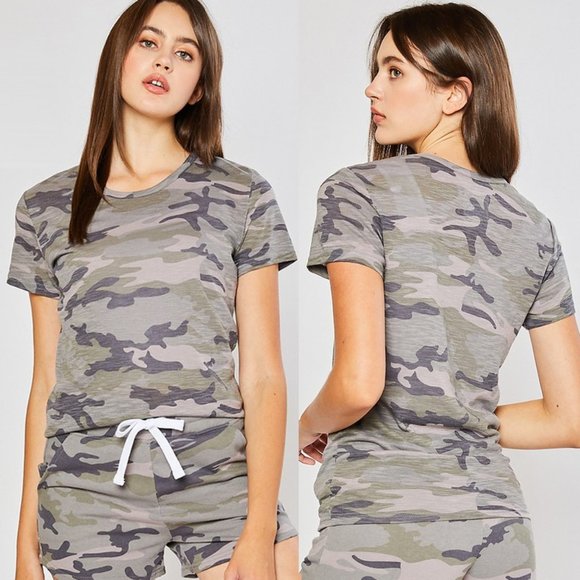 NEW Camouflage Camo Round Neck Cotton Slub Tee Top - Picture 1 of 10